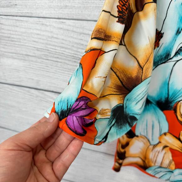 Chico's Women's Orange & Blue Tropical Iris Floral Spring Blouse Size 0 (US 4/6) - Picture 9 of 9